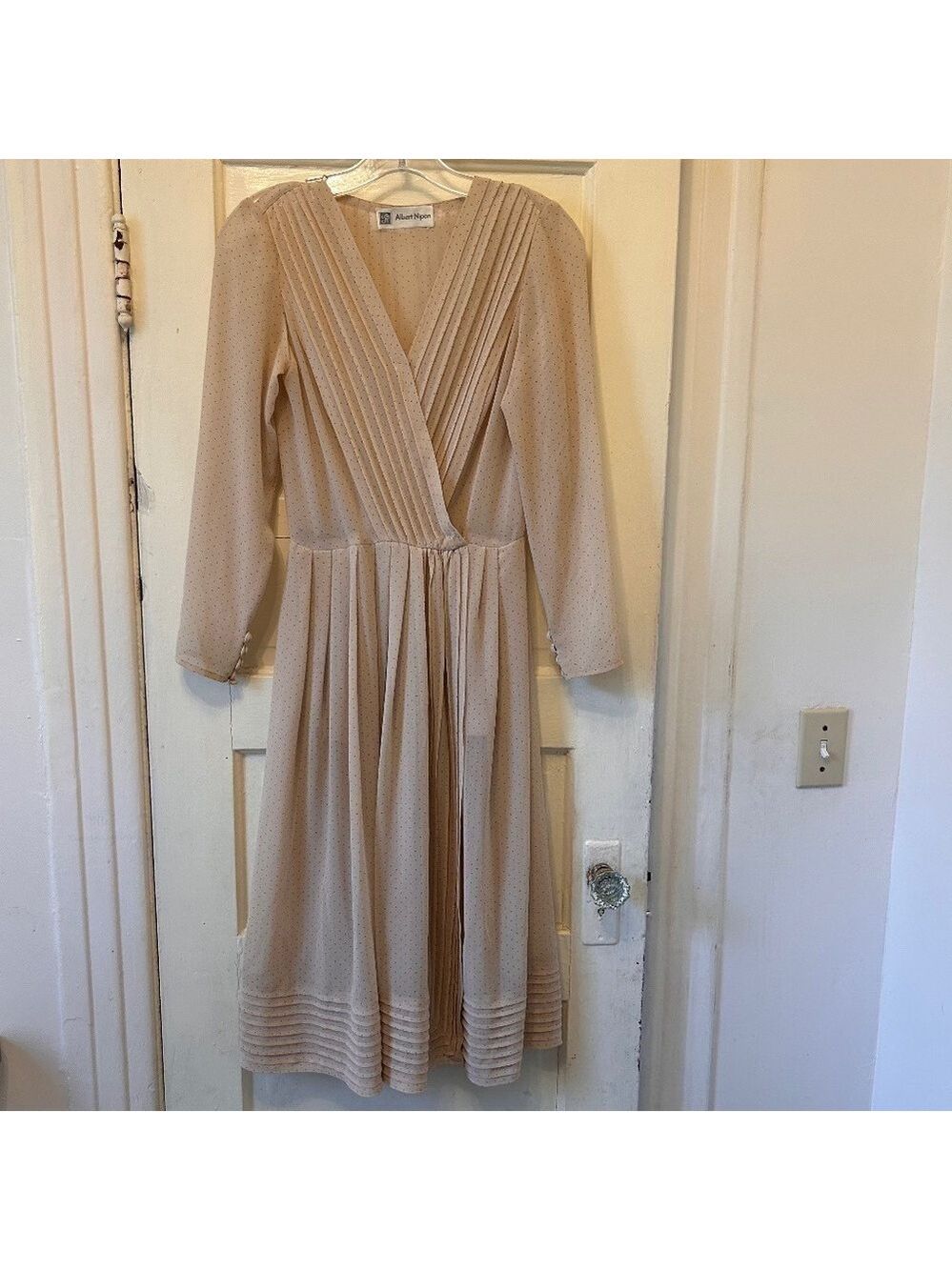 Vintage Albert Nippon Women’s Cream Nearly Sheer Pleated Dress Dots Sz Sml